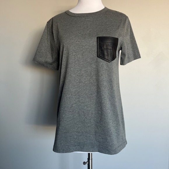 T by Alexander Wang Grey Supima Cotton Relaxed Fit T-Shirt Leather Pocket Tee - Picture 2 of 11